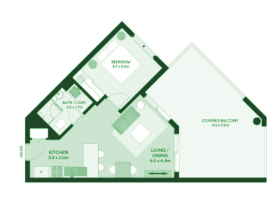 One bedroom wedge floor plan